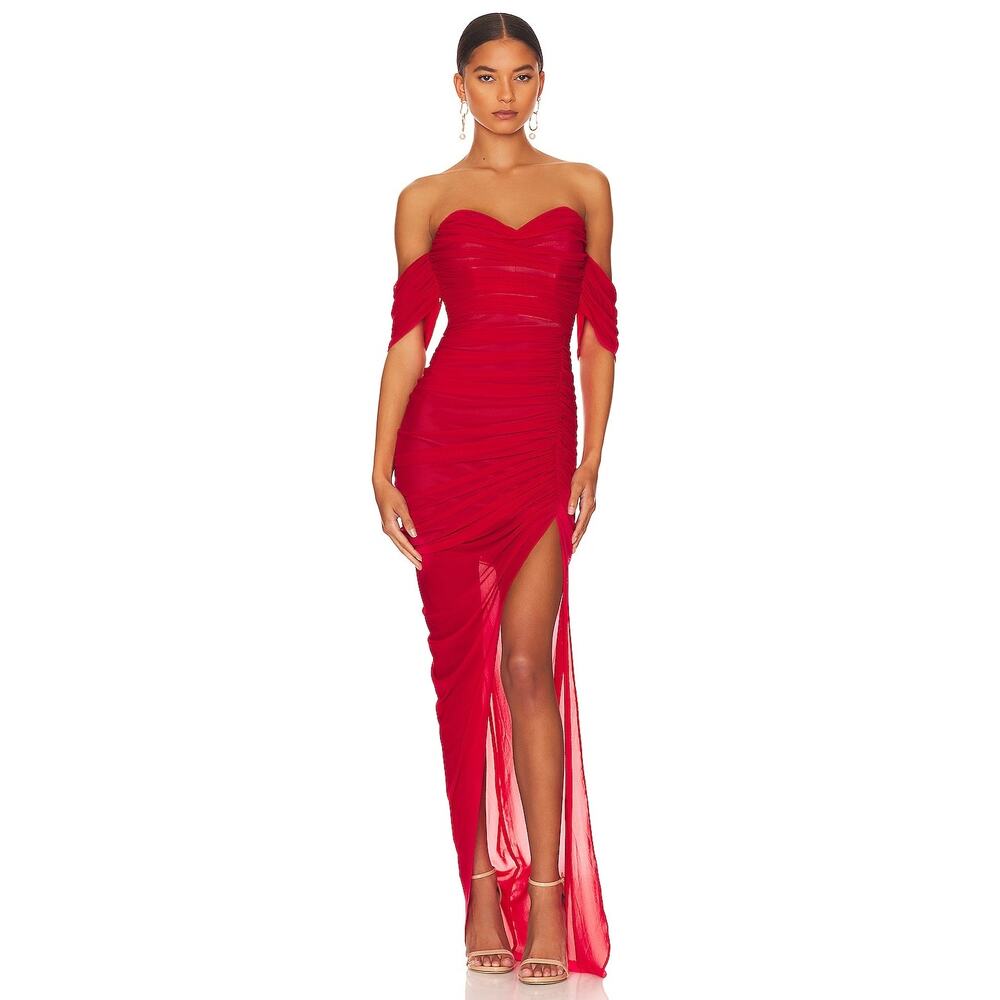 Nookie Red Off-Shoulder Ruched Midi Dress with Thigh Slit